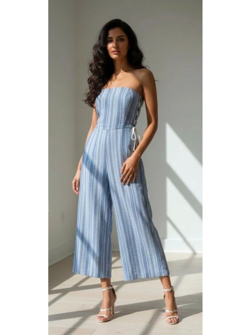Clue Monaco Size 4 Blue White Linen Striped Wide Leg Jumpsuit Lace Up